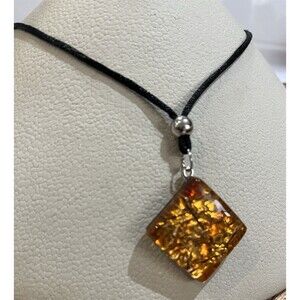 Italian Murano Art Glass Diamond Shape Amber Foil Pendant Necklace Art To Wear